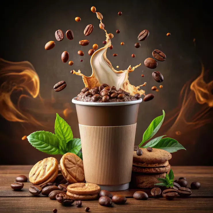 A rich coffee cup surrounded by roasted beans